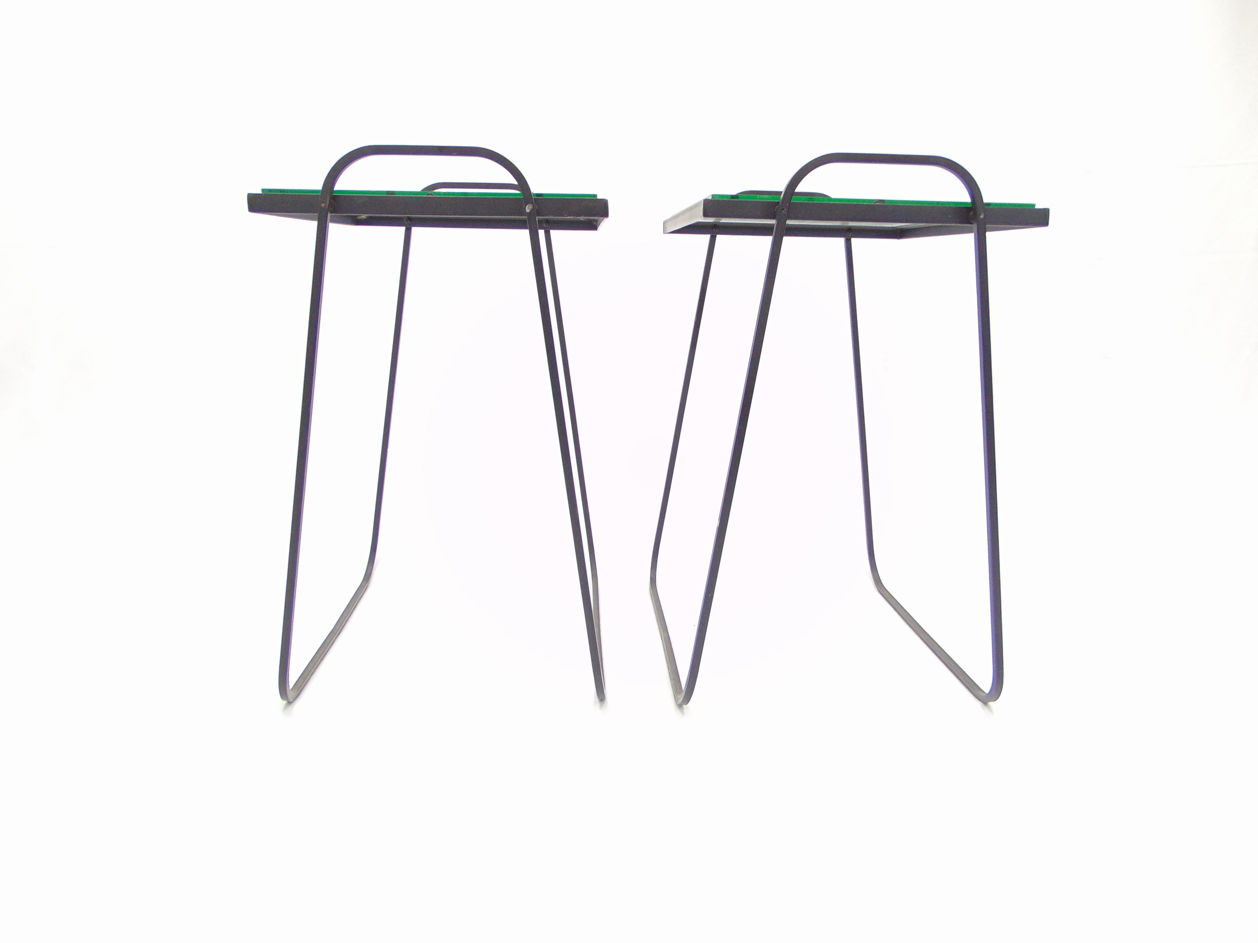 Mid-Century Modern Pair of Midcentury Black Iron and Glass Patio Tables Side Tables For Sale