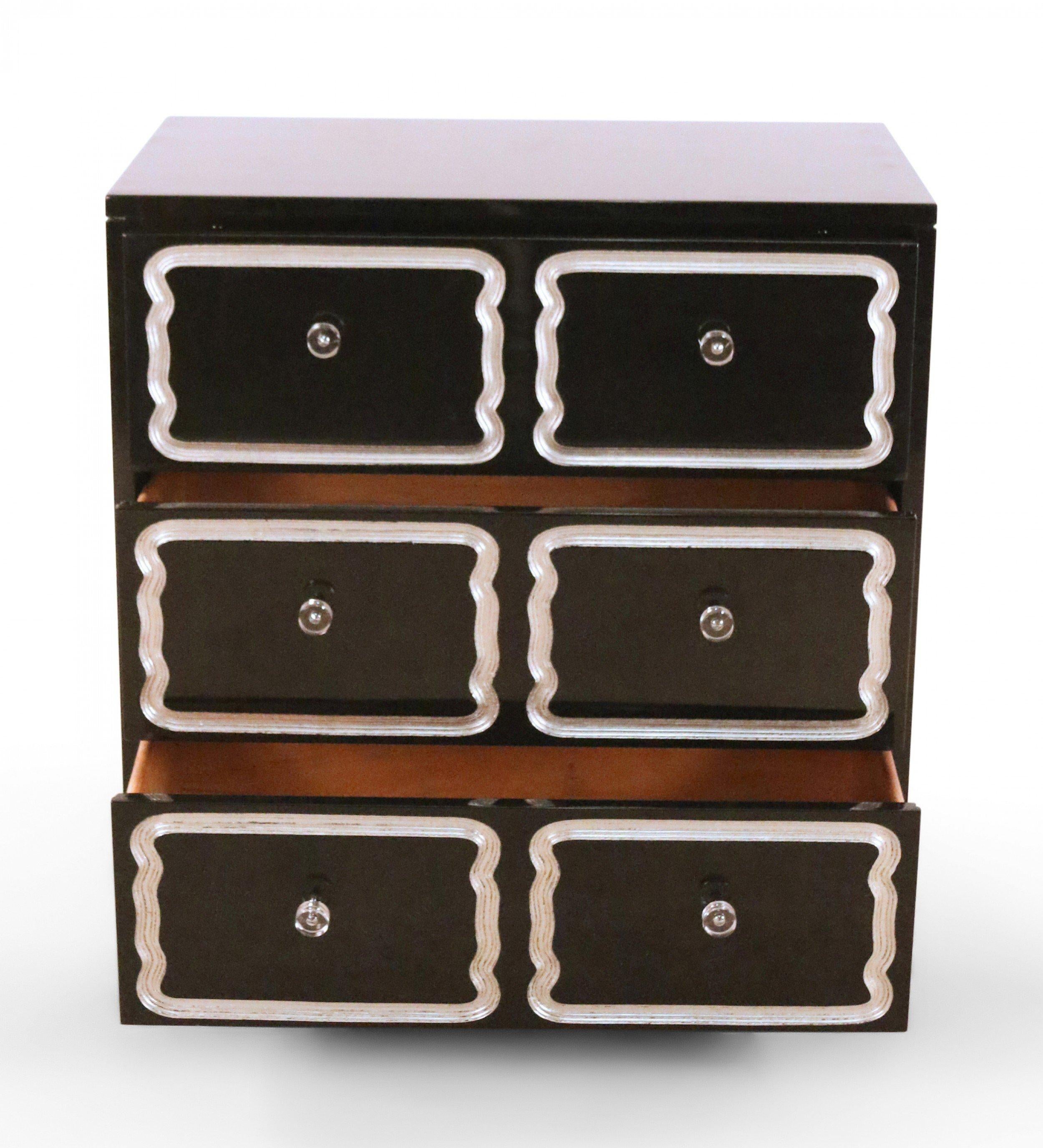 Mid-Century Modern Pair of Mid-Century Black Lacquer and Lucite Small Chests of Drawers For Sale