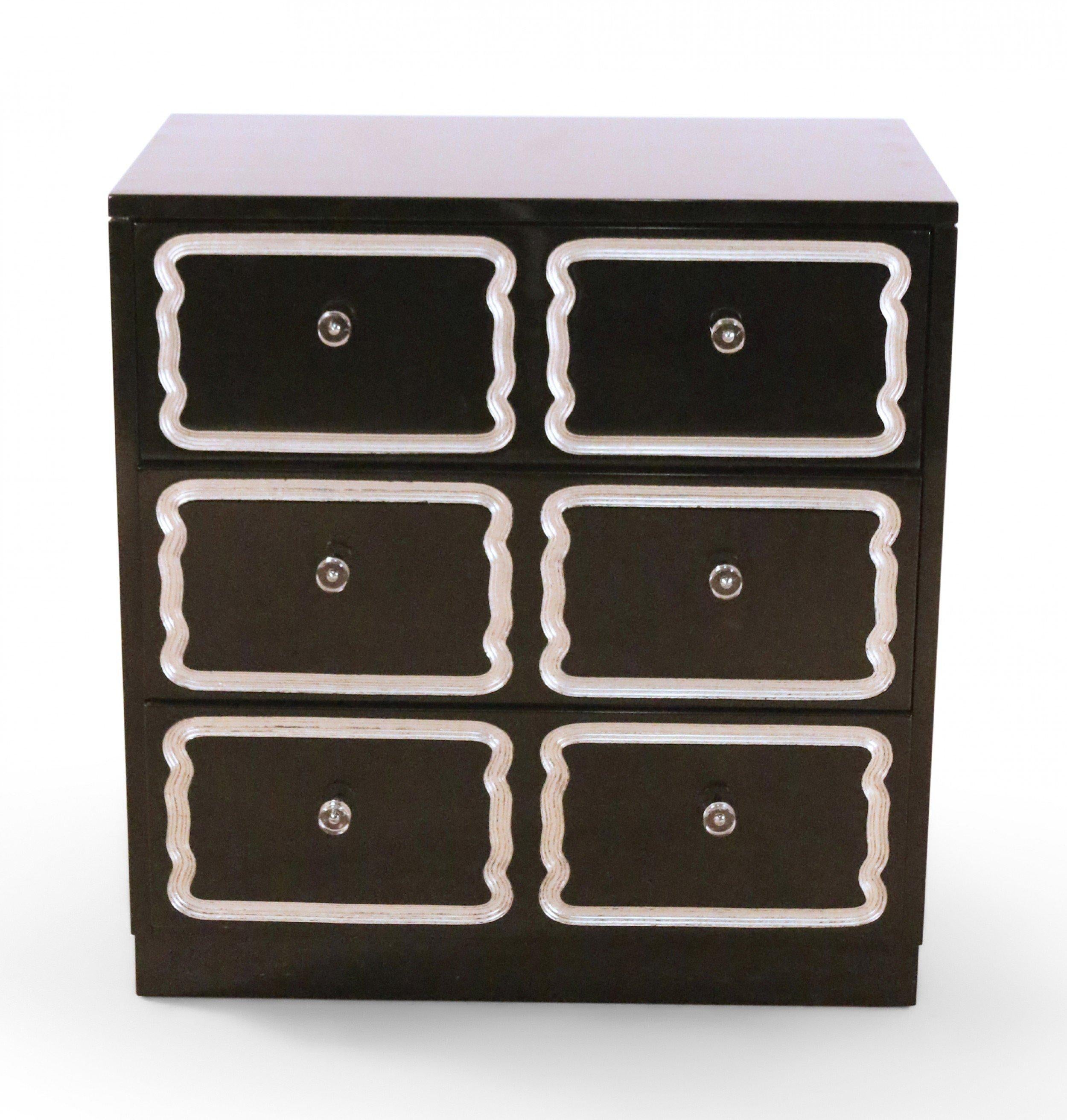 American Pair of Mid-Century Black Lacquer and Lucite Small Chests of Drawers For Sale
