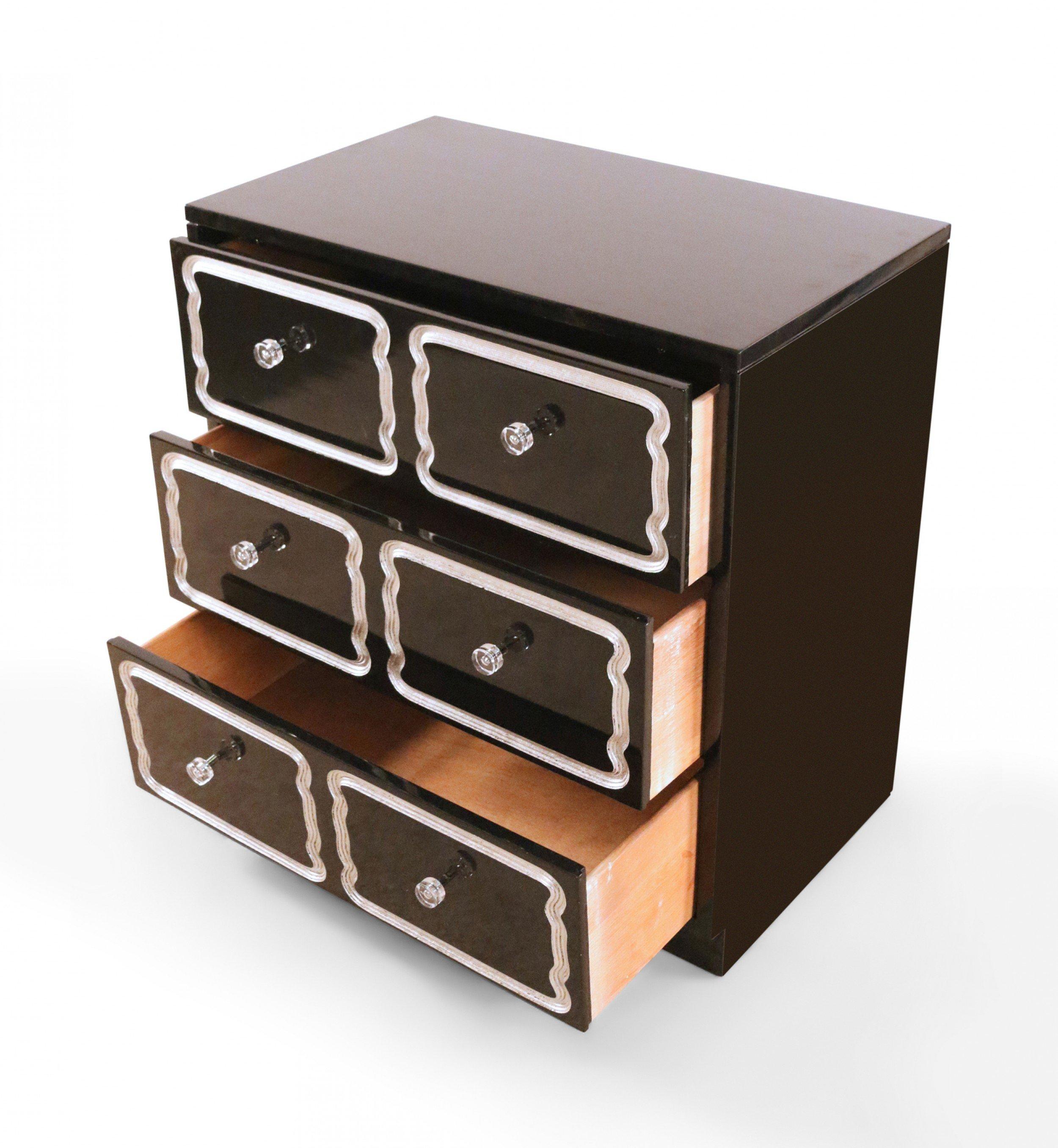 Lacquered Pair of Mid-Century Black Lacquer and Lucite Small Chests of Drawers For Sale