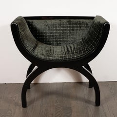 Pair of Midcentury Black Lacquer Demilune Benches in Smoked Olive Slate Velvet