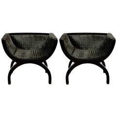 Pair of Midcentury Black Lacquer Demilune Benches in Smoked Olive Slate Velvet