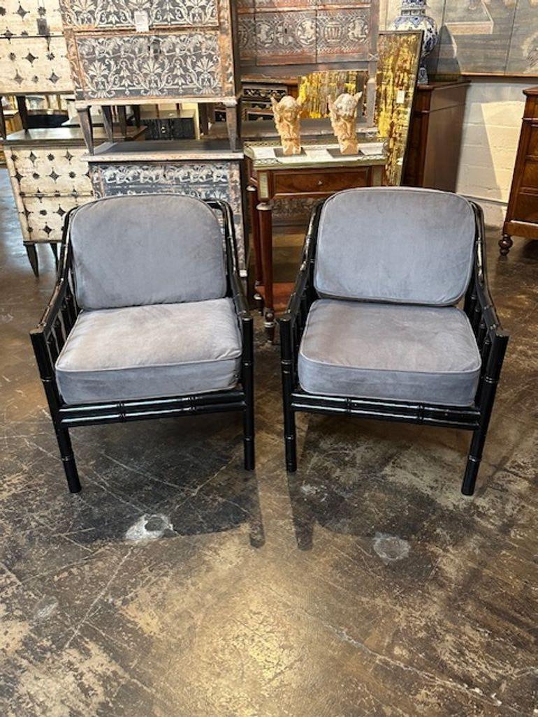 Pair of Mid-Century Black Lacquered Bamboo Armchairs In Good Condition For Sale In Dallas, TX