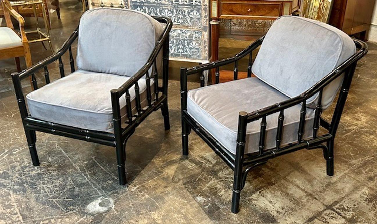 Pair of Mid-Century Black Lacquered Bamboo Armchairs