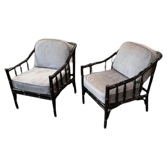 Pair of Mid-Century Black Lacquered Bamboo Armchairs For Sale