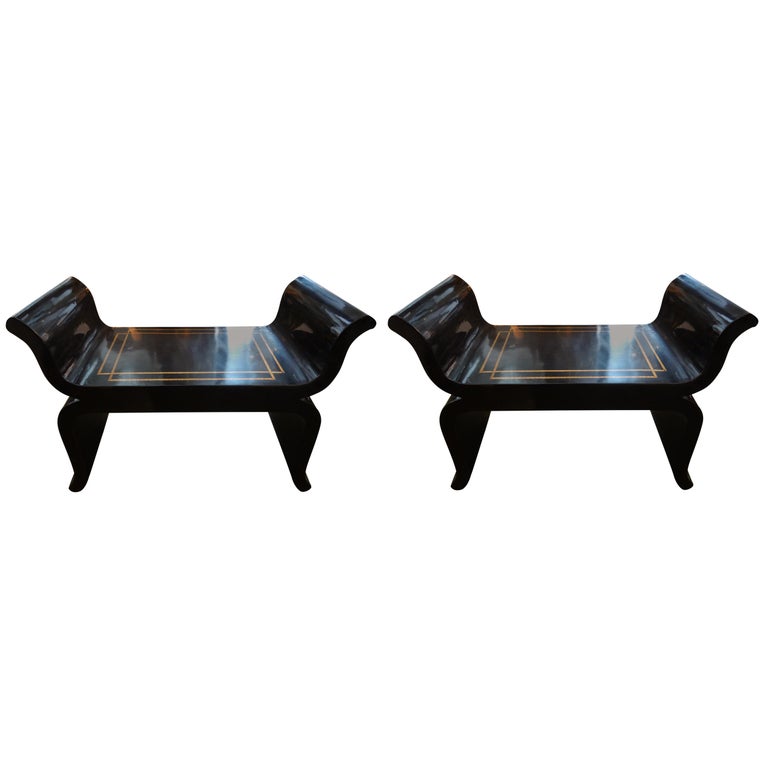 Pair of MidCentury Black Lacquered Benches Attributed to James Mont