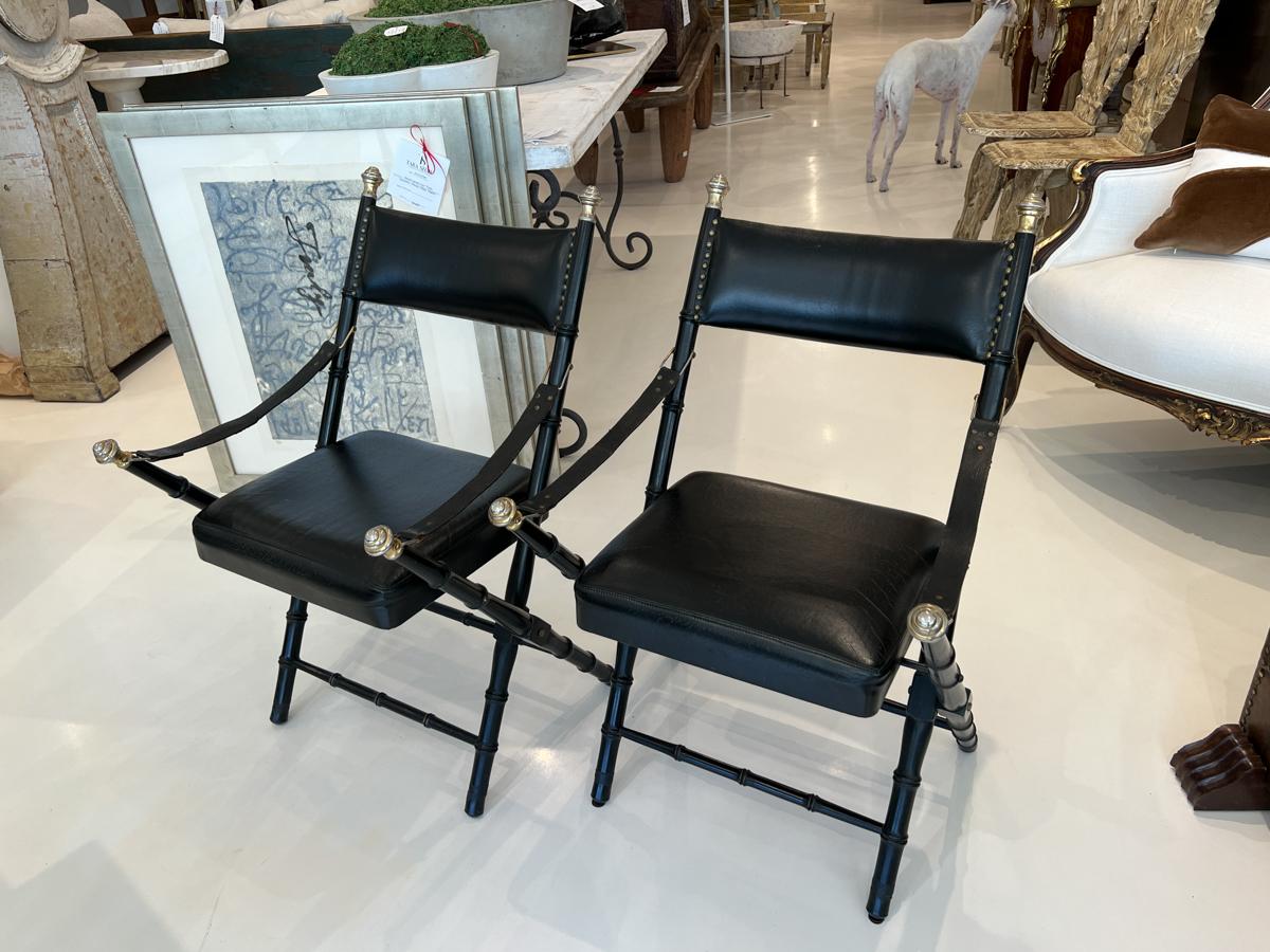 French Pair of Mid-Century Black Leather Folding Chairs (Two Pair Available)
