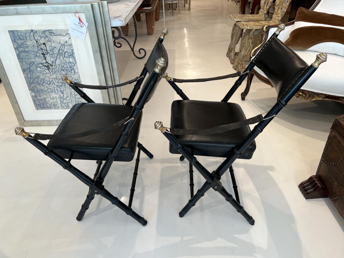 Pair of Mid-Century Black Leather Folding Chairs (Two Pair Available) In Fair Condition In New Orleans, LA