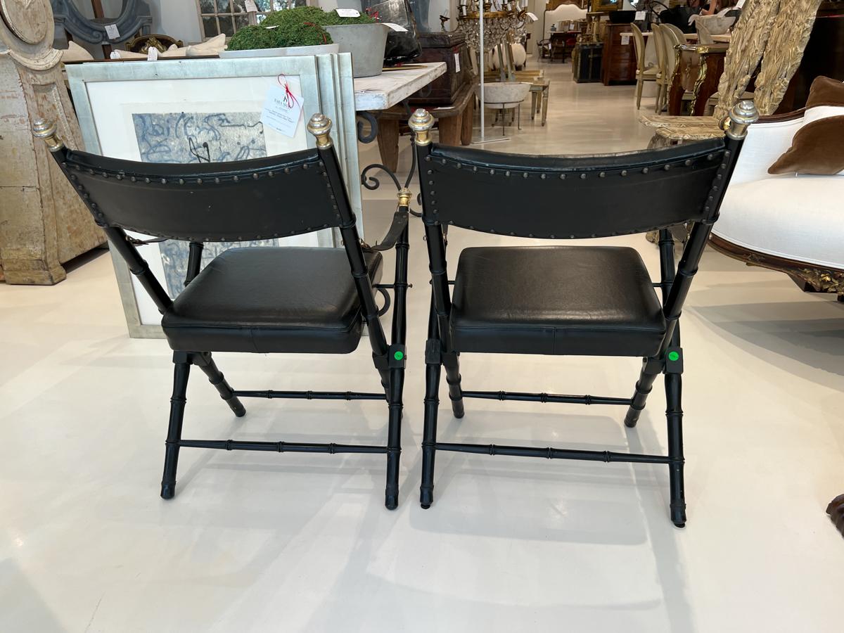 Brass Pair of Mid-Century Black Leather Folding Chairs (Two Pair Available)