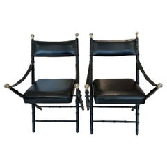 Retro Pair of Mid-Century Black Leather Folding Chairs (Two Pair Available)