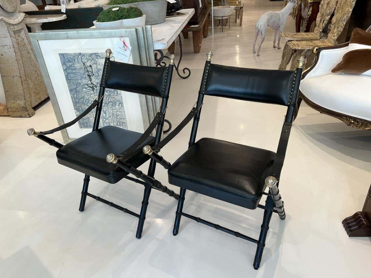 French Pair of Midcentury Black Leather Folding Chairs