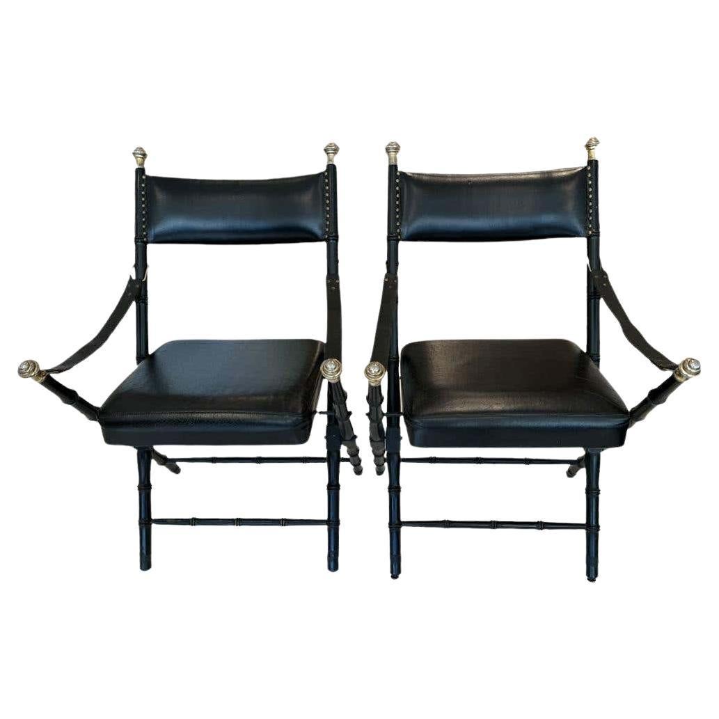 Pair of Midcentury Black Leather Folding Chairs