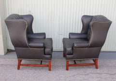 Pair of Mid-Century Black Leather Wing Chair
