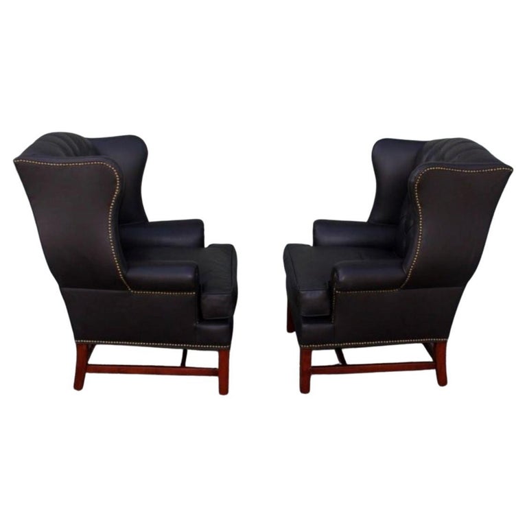 Pair of MidCentury Black Leather Wing Chair at 1stDibs
