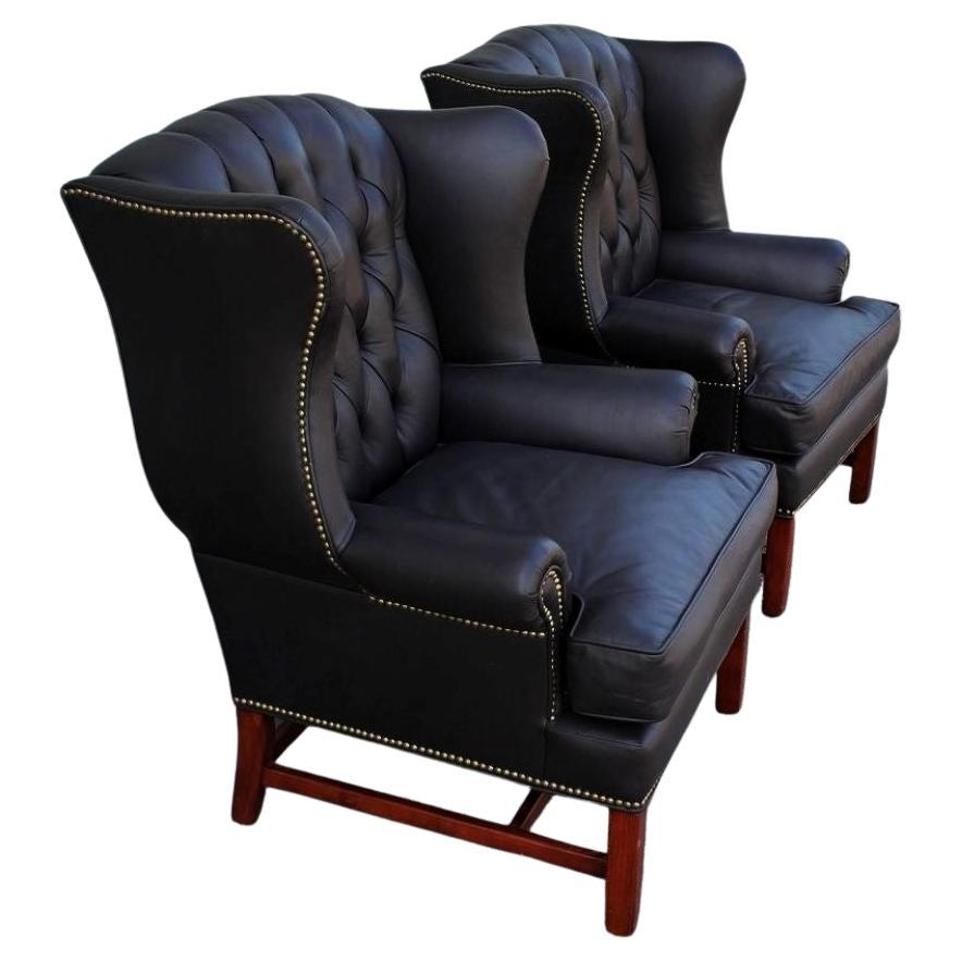 American Classical Pair of Mid-Century Black Leather Wing Chair