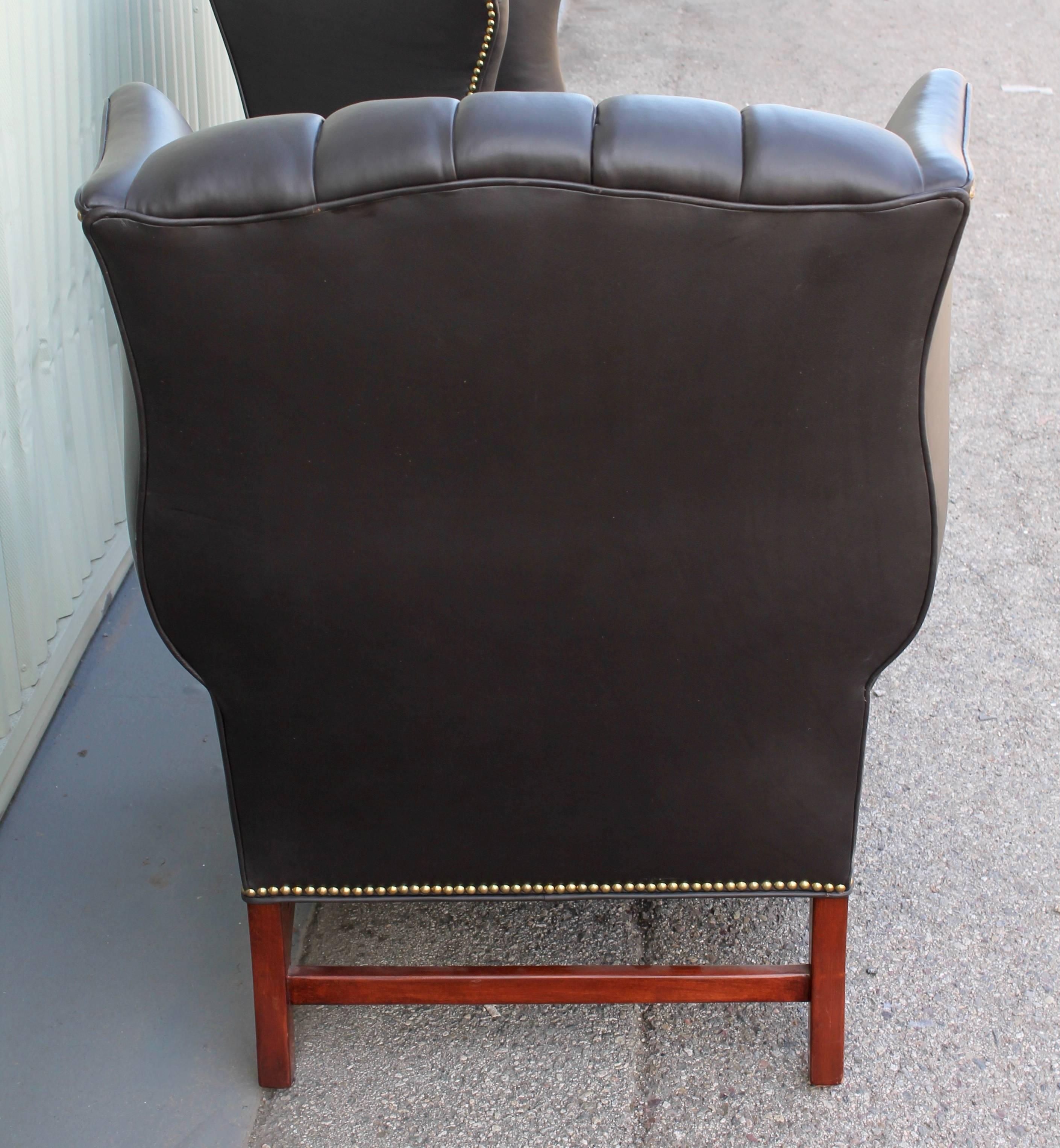 Pair of Midcentury Black Leather Wing Chair 1