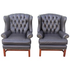 Pair of Midcentury Black Leather Wing Chair