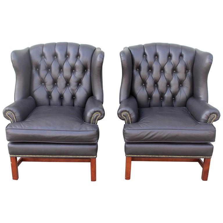 Pair of Mid-Century Black Leather Wing Chair
