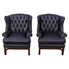 Pair of Mid-Century Black Leather Wing Chair