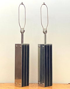 Pair of mid century black oak and steel Laurel lamps
