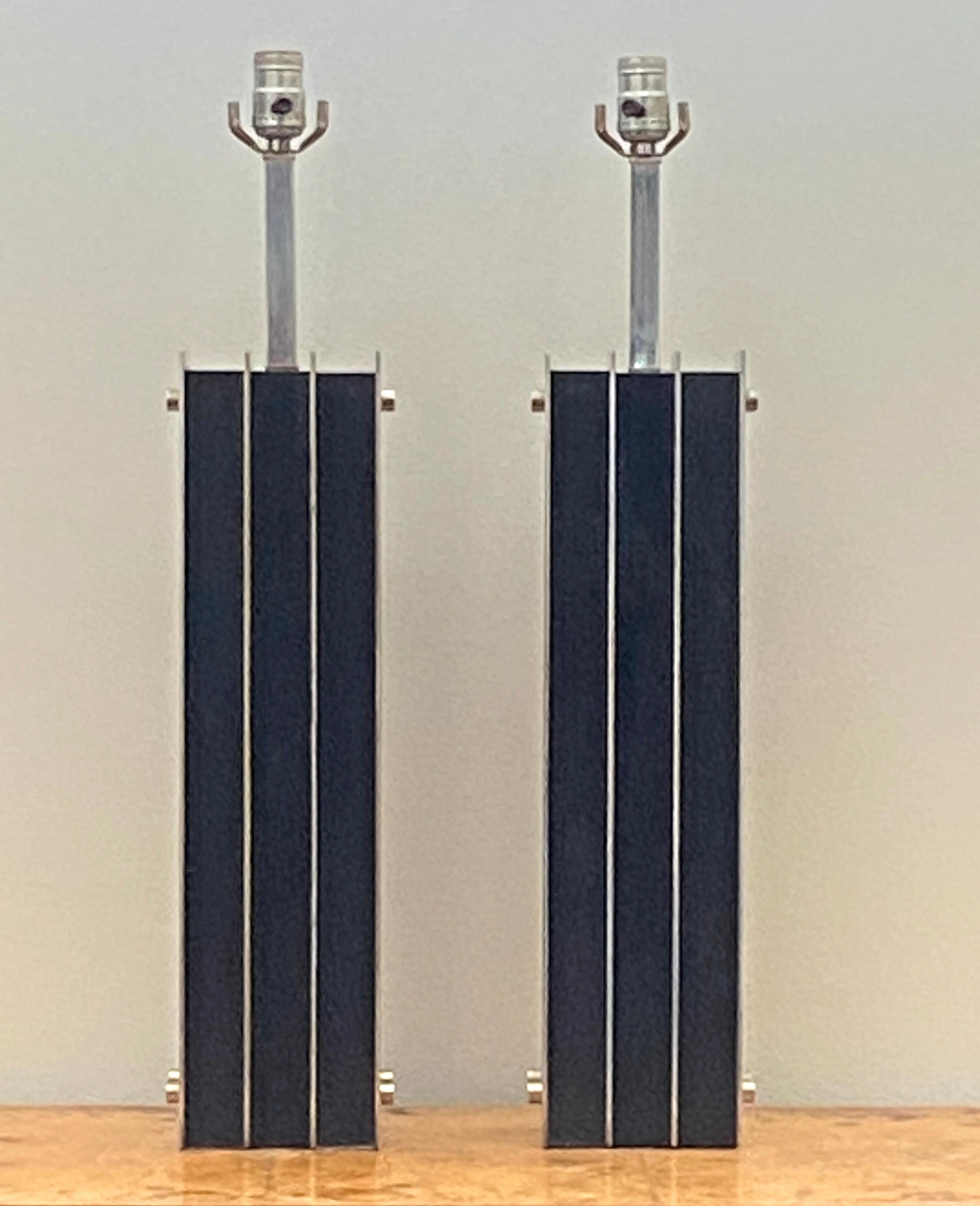 Brutalist Pair of mid century black oak and steel Laurel lamps For Sale