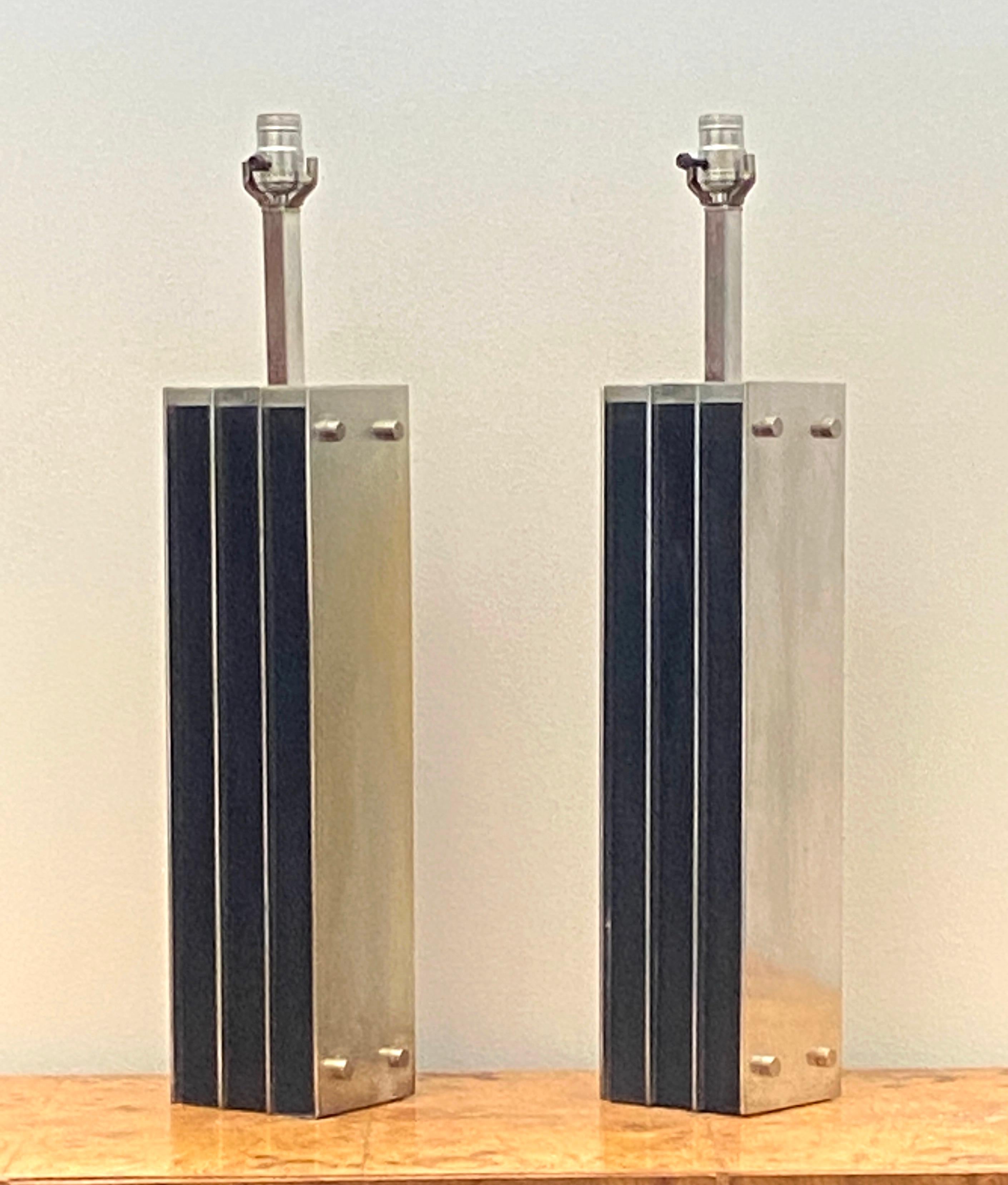 American Pair of mid century black oak and steel Laurel lamps For Sale