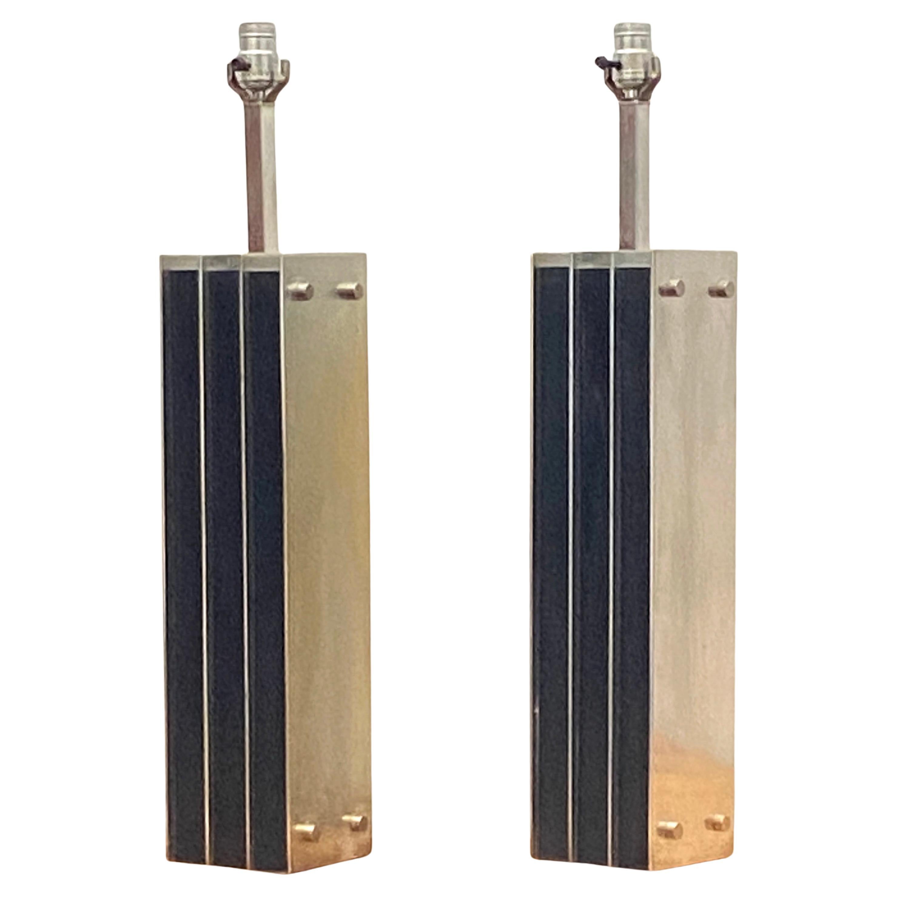 Pair of mid century black oak and steel Laurel lamps For Sale