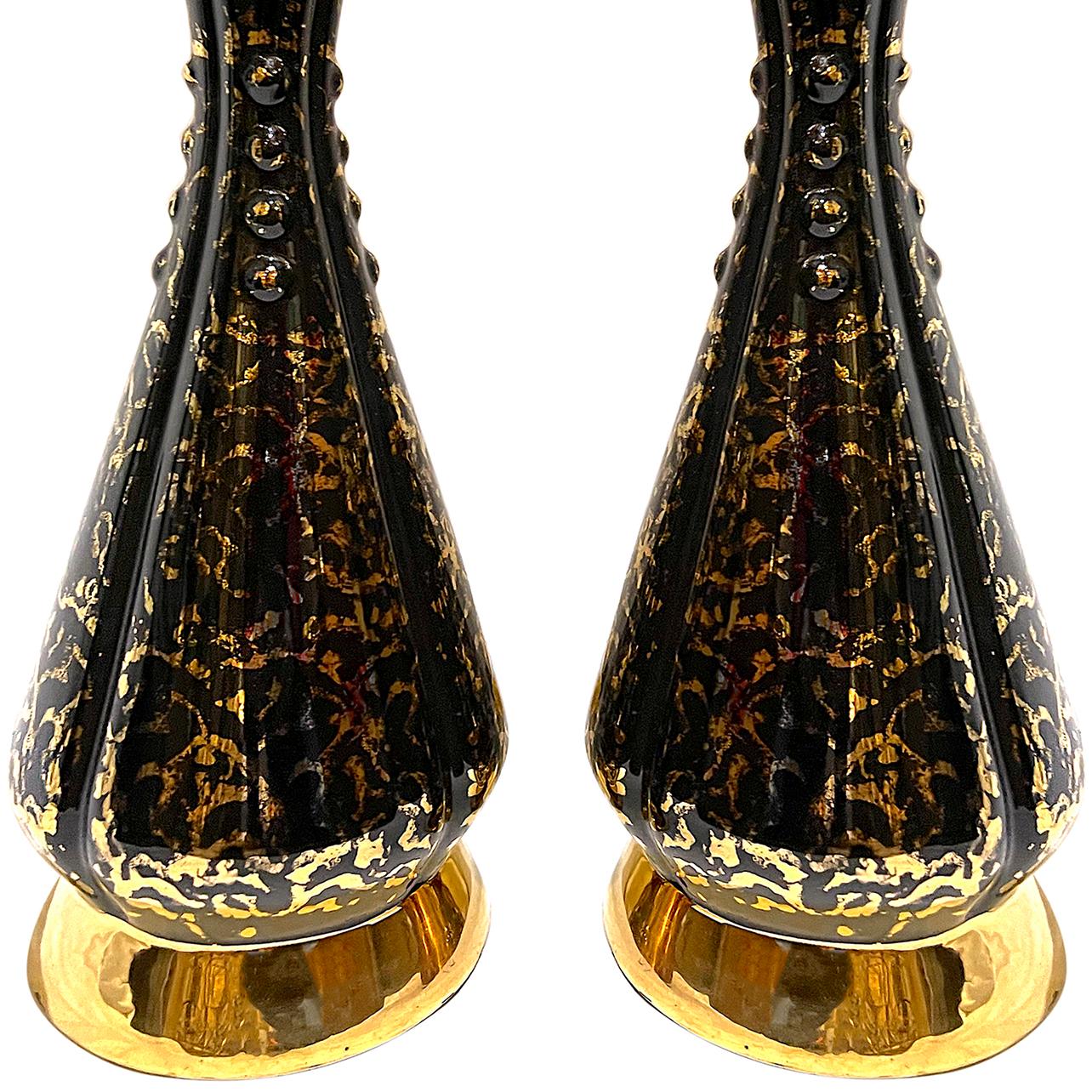 Italian Pair of Mid Century Black Porcelain Lamps For Sale