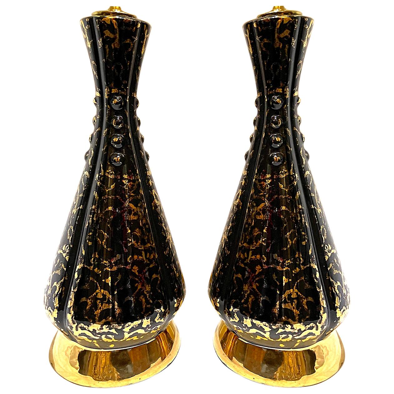 Pair of Mid Century Black Porcelain Lamps