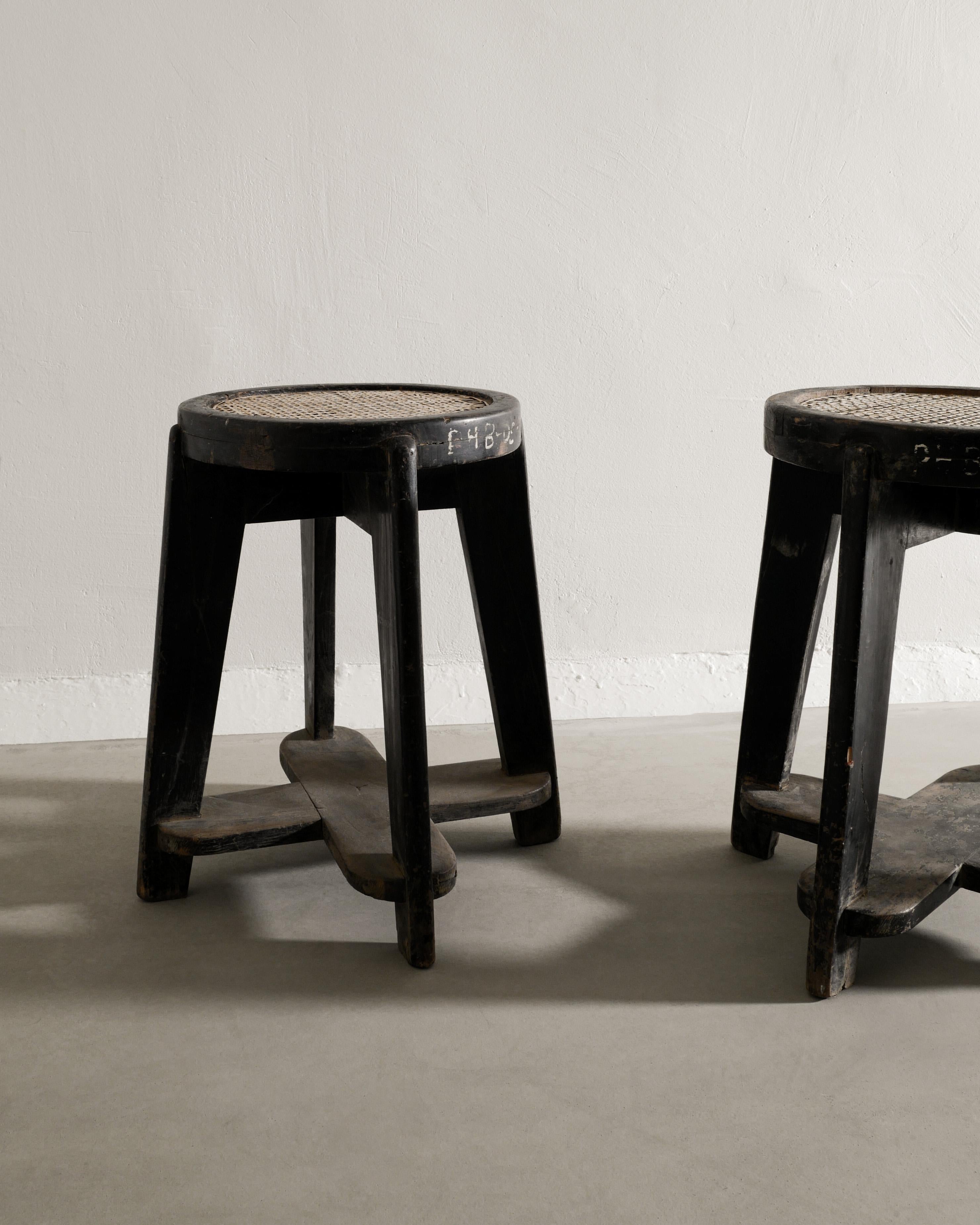 Mid-Century Modern Pair of Mid Century Black Stained Wooden Teak Stools by Pierre Jeanneret, 1950s  For Sale