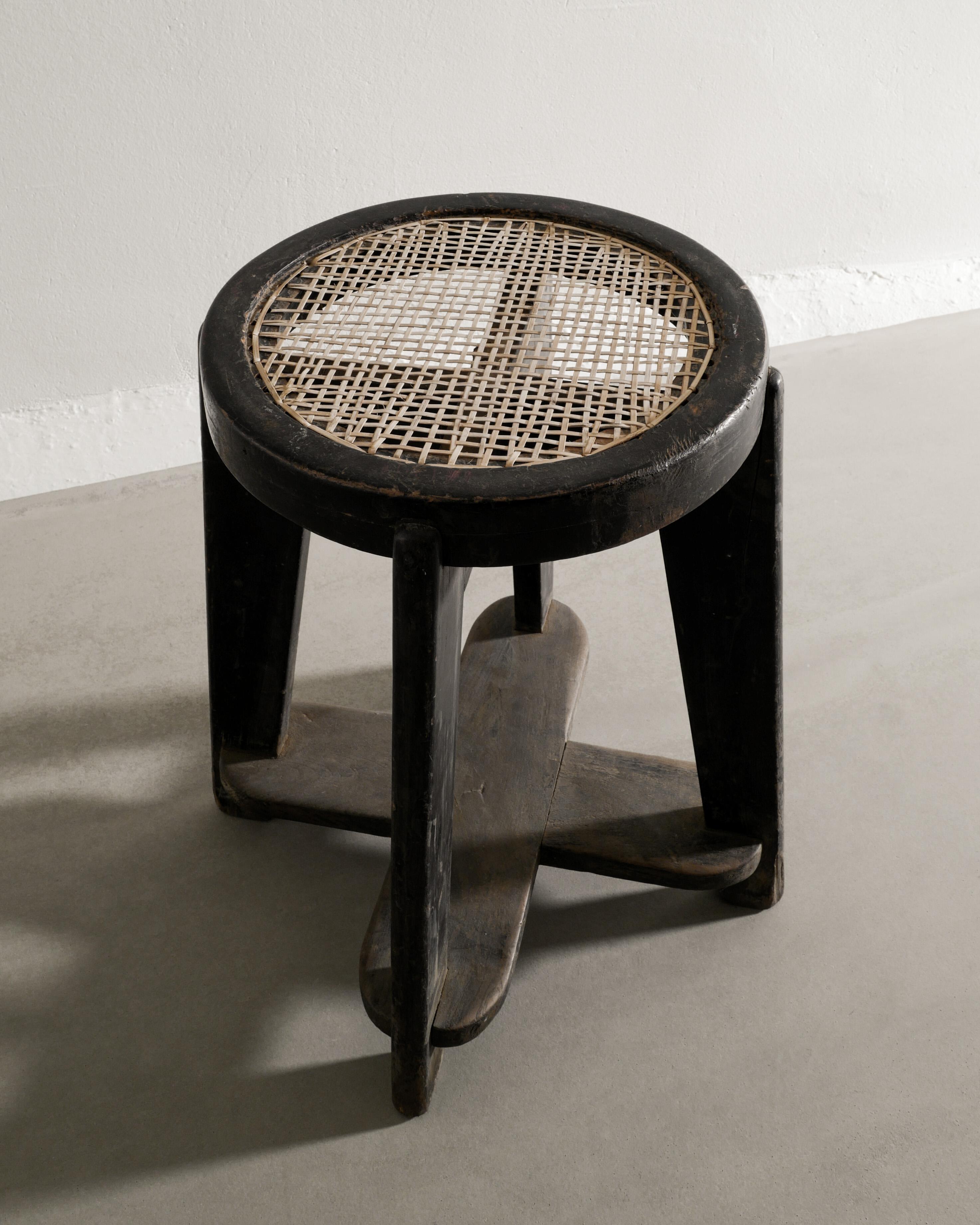 Indian Pair of Mid Century Black Stained Wooden Teak Stools by Pierre Jeanneret, 1950s  For Sale