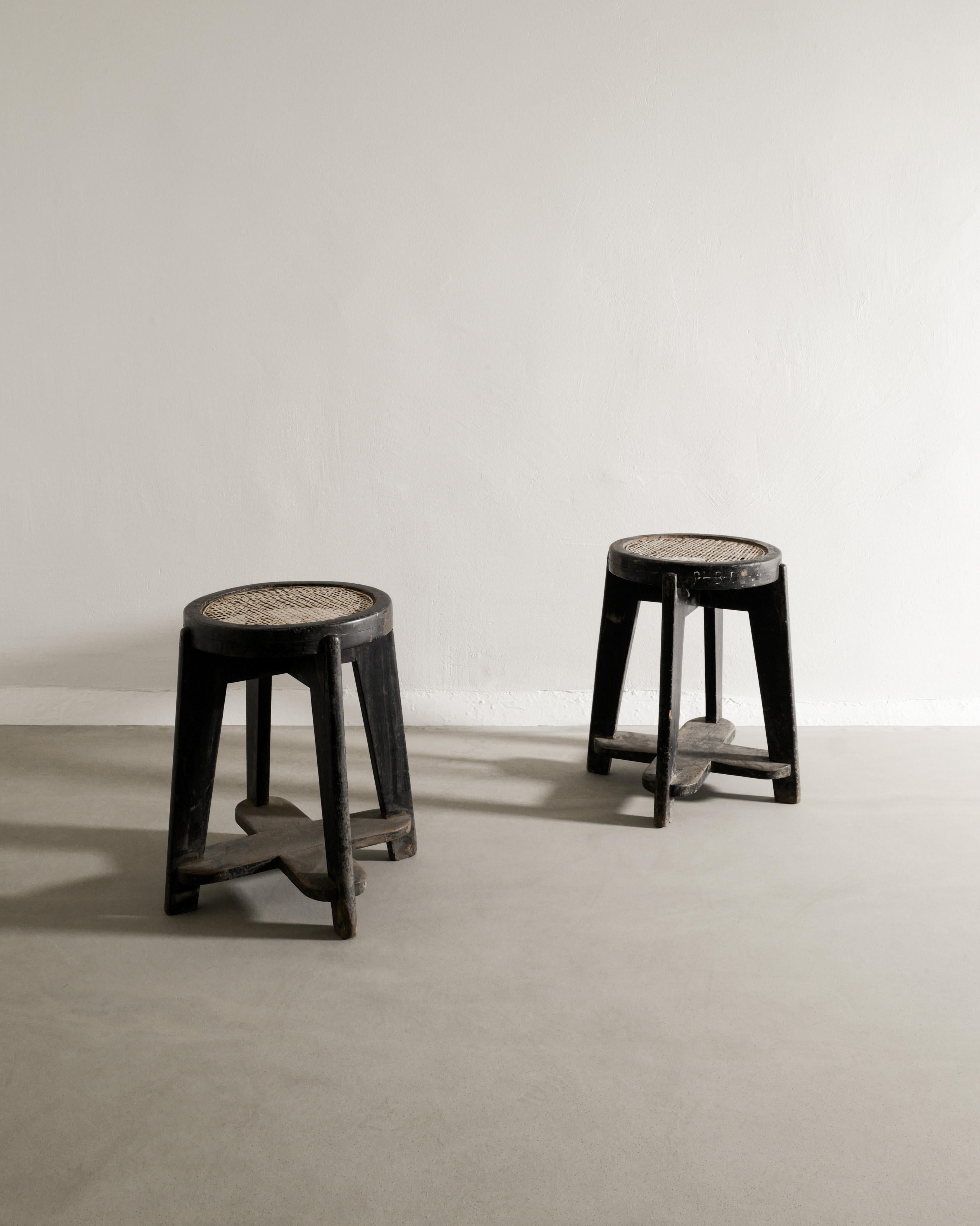 Pair of Mid Century Black Stained Wooden Teak Stools by Pierre Jeanneret, 1950s  In Good Condition For Sale In Stockholm, SE