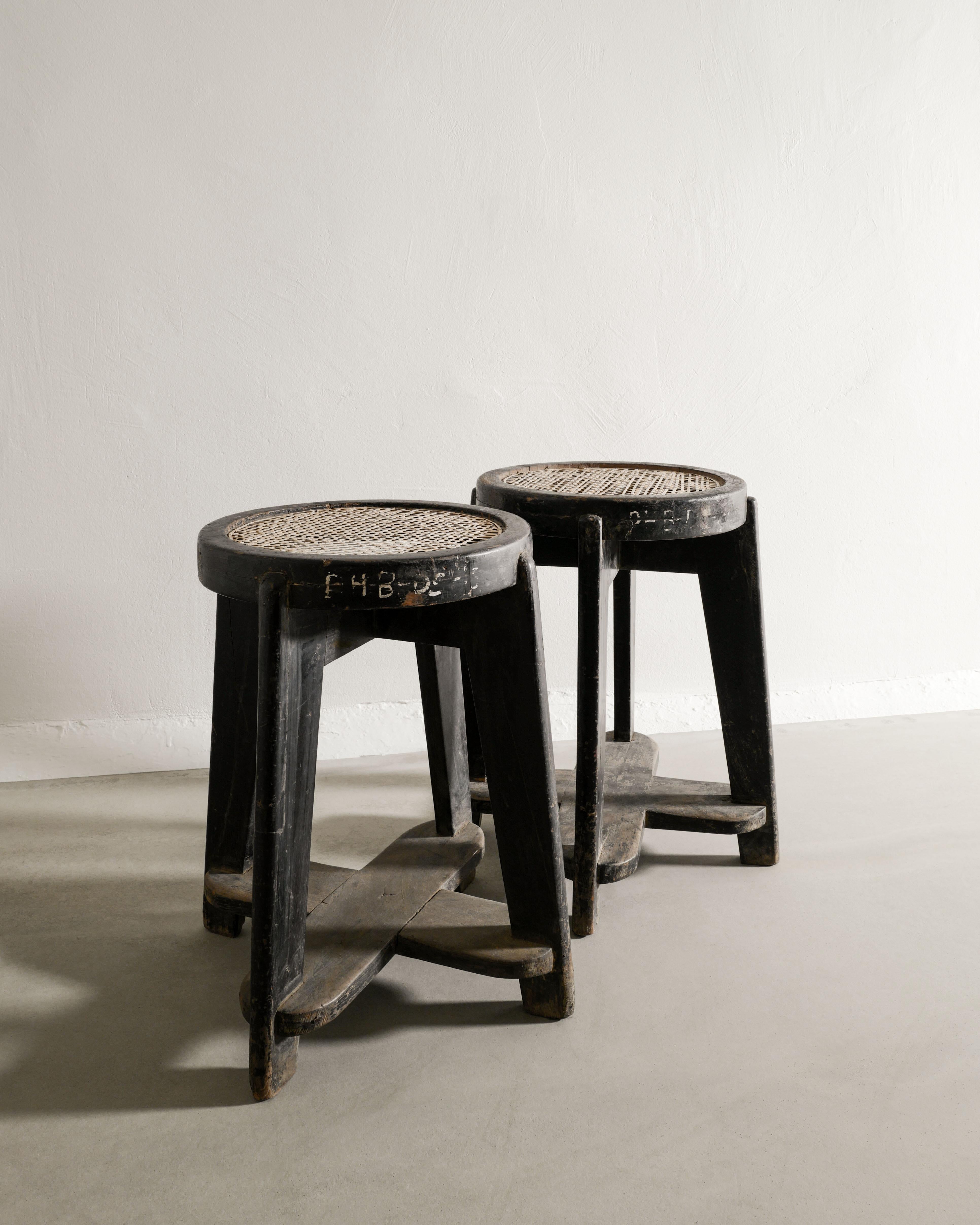 Mid-20th Century Pair of Mid Century Black Stained Wooden Teak Stools by Pierre Jeanneret, 1950s  For Sale