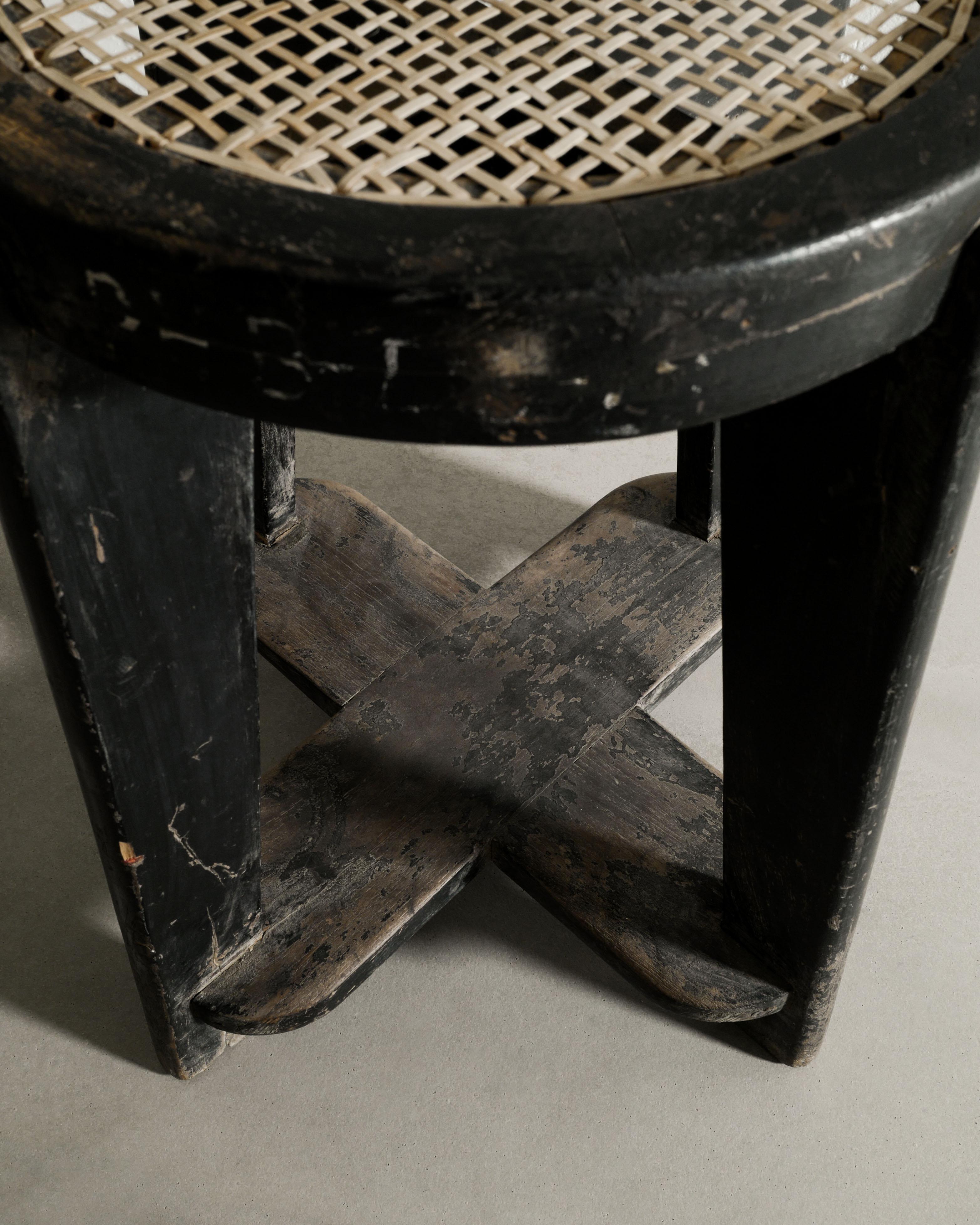 Rattan Pair of Mid Century Black Stained Wooden Teak Stools by Pierre Jeanneret, 1950s  For Sale