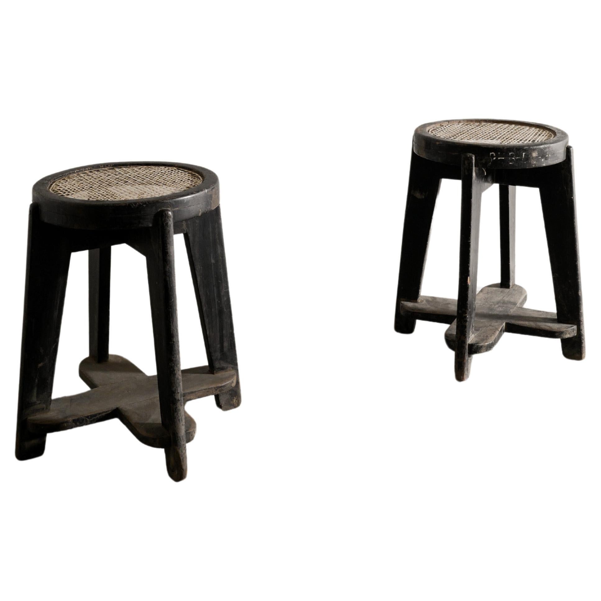 Pair of Mid Century Black Stained Wooden Teak Stools by Pierre Jeanneret, 1950s 