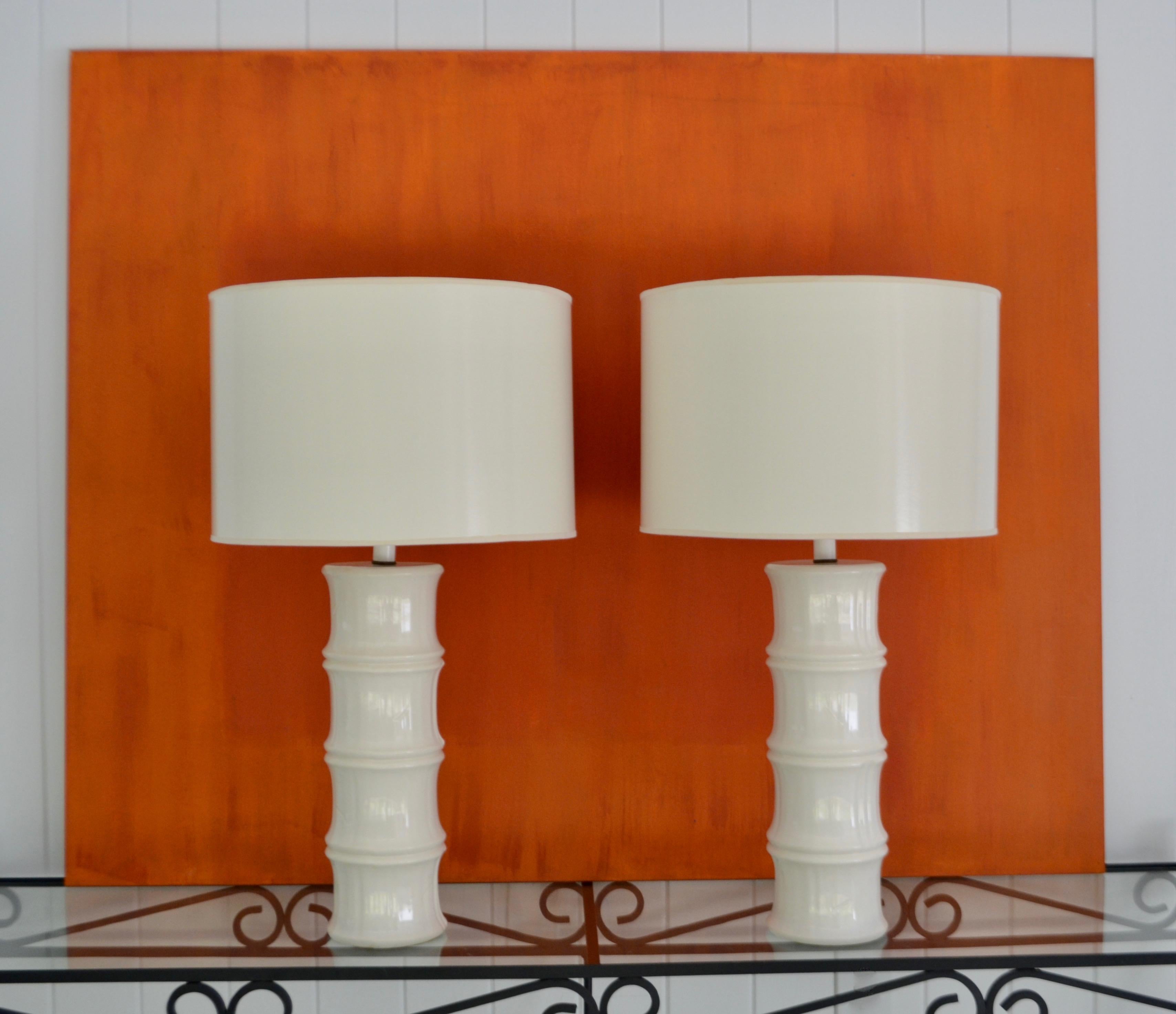 Pair of Midcentury Blanc De Chine Bamboo form Table Lamps For Sale 2