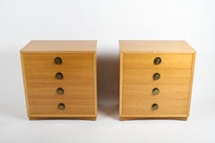 Pair of Mid-Century Blond Four Drawer Chests with Round Brass Hardware