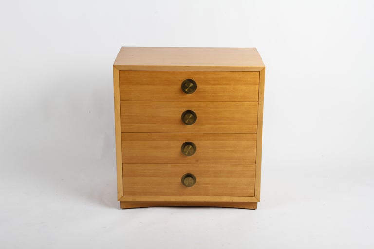 Mid-Century Modern Pair of Mid-Century Blond Four Drawer Chests with Round Brass Hardware For Sale