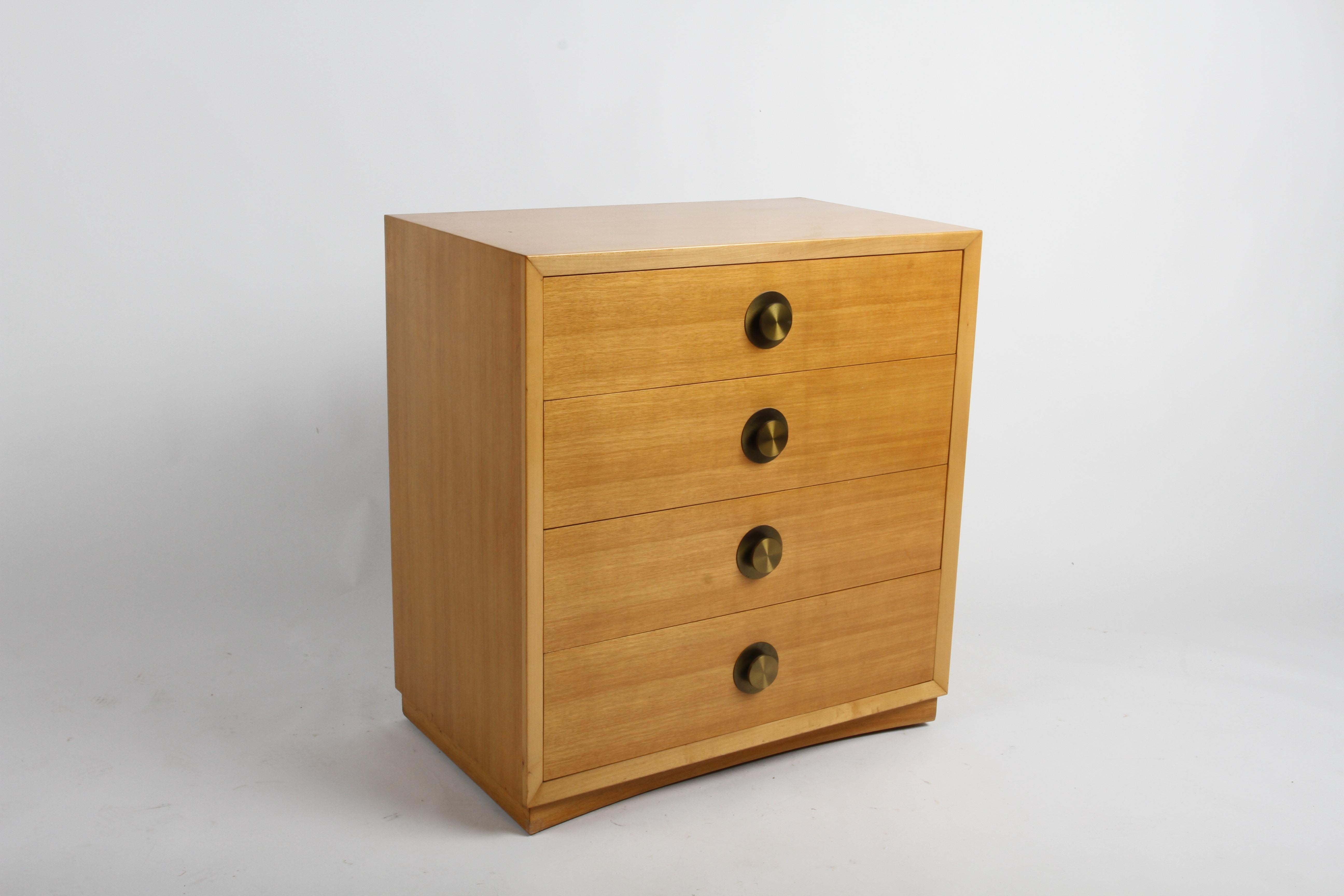 Bleached Pair of Mid-Century Blond Four Drawer Chests with Round Brass Hardware For Sale