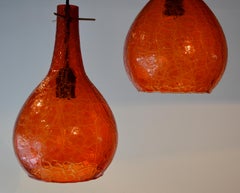 Pair of Mid Century Modern Italian Amber Crackle Glass Pendant Lights, 1960's