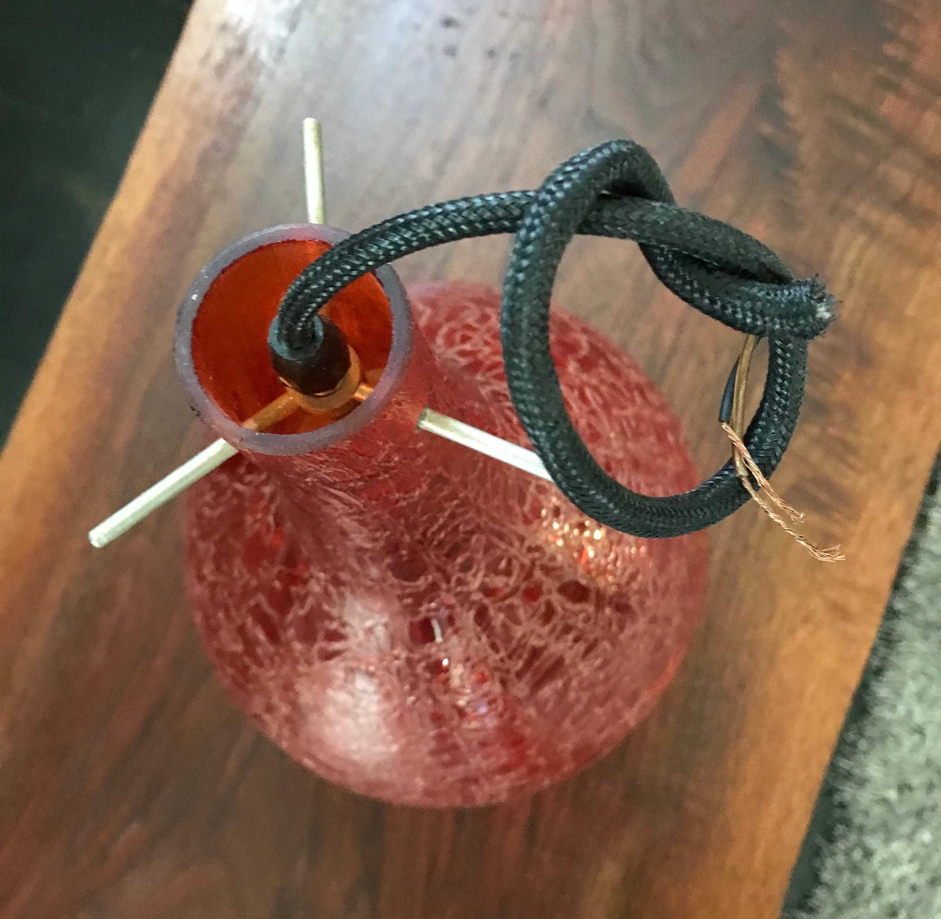 Pair of Mid Century Blood Orange Color Crackle Glass Pendant Lights, Italy In Good Condition For Sale In Bedford Hills, NY