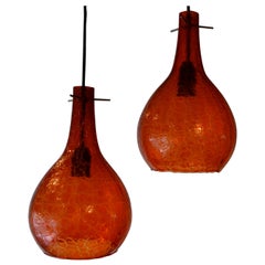 Pair of Mid Century Blood Orange Color Crackle Glass Pendant Lights, Italy
