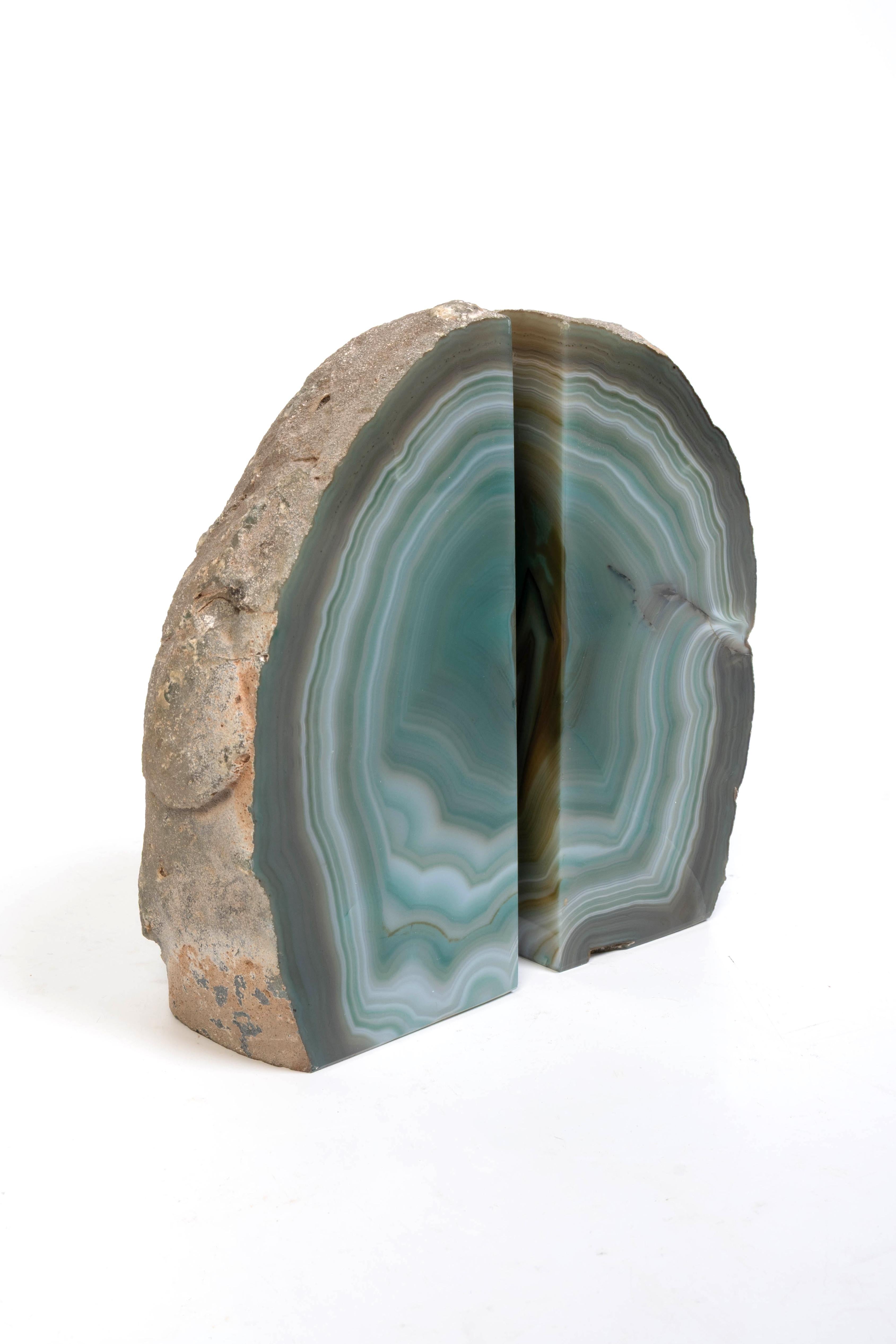 Polished Pair of Mid Century Blue Agate Precious Mineral Bookends, C.1970 For Sale