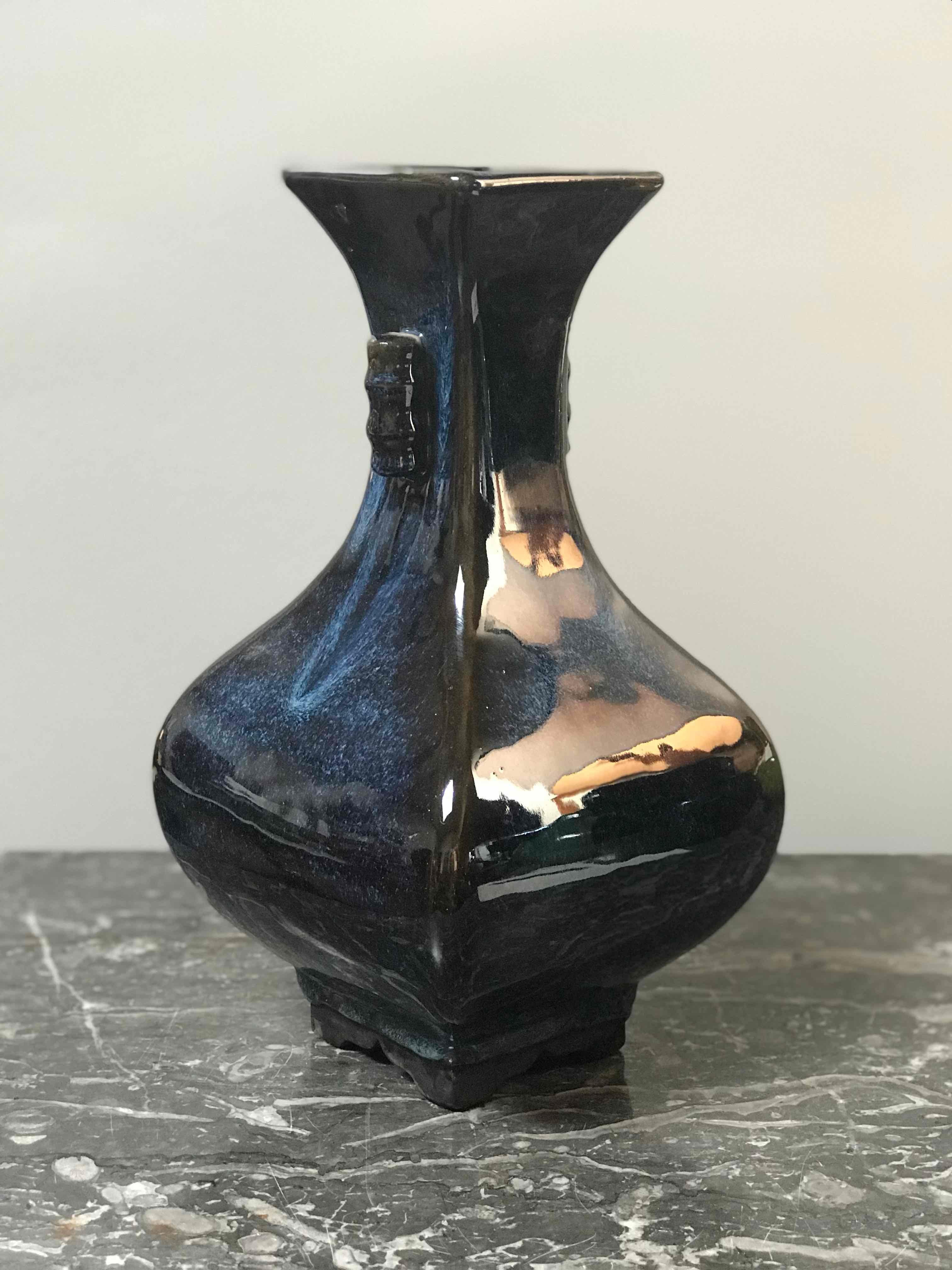 Mid-Century Modern Pair of Mid-Century Blue and Brown Glazed Pottery Vases from France Circa 1950