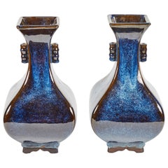 Pair of Mid-Century Blue and Brown Glazed Pottery Vases from France Circa 1950