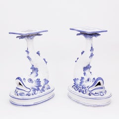Pair of Midcentury Blue and White Glazed Terracotta Fish Stands