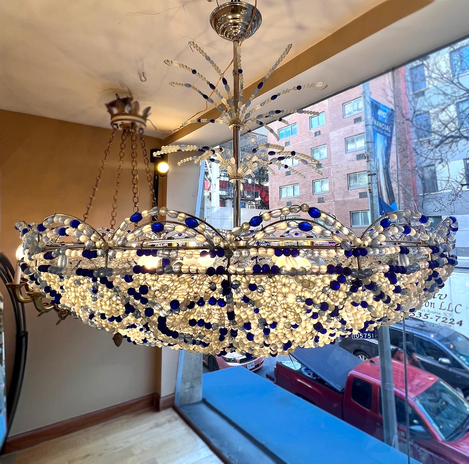 Pair of Mid Century Blue Beaded Chandeliers, Sold Individually For Sale 5