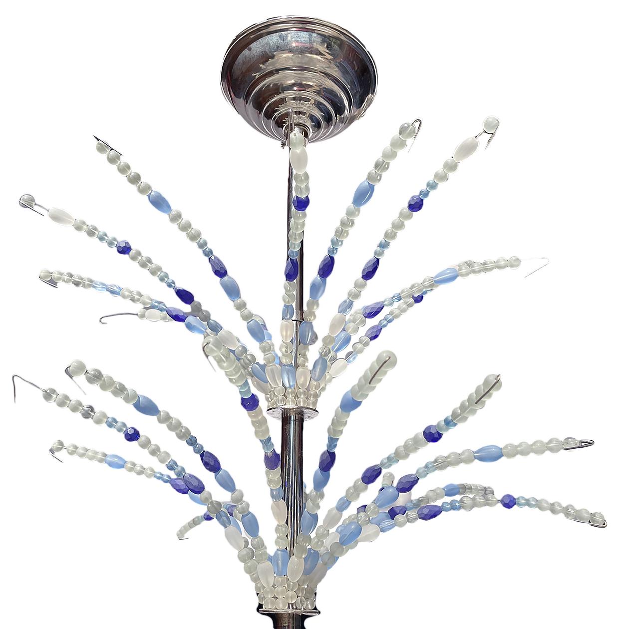 Pair of Mid Century Blue Beaded Chandeliers, Sold Individually In Good Condition For Sale In New York, NY