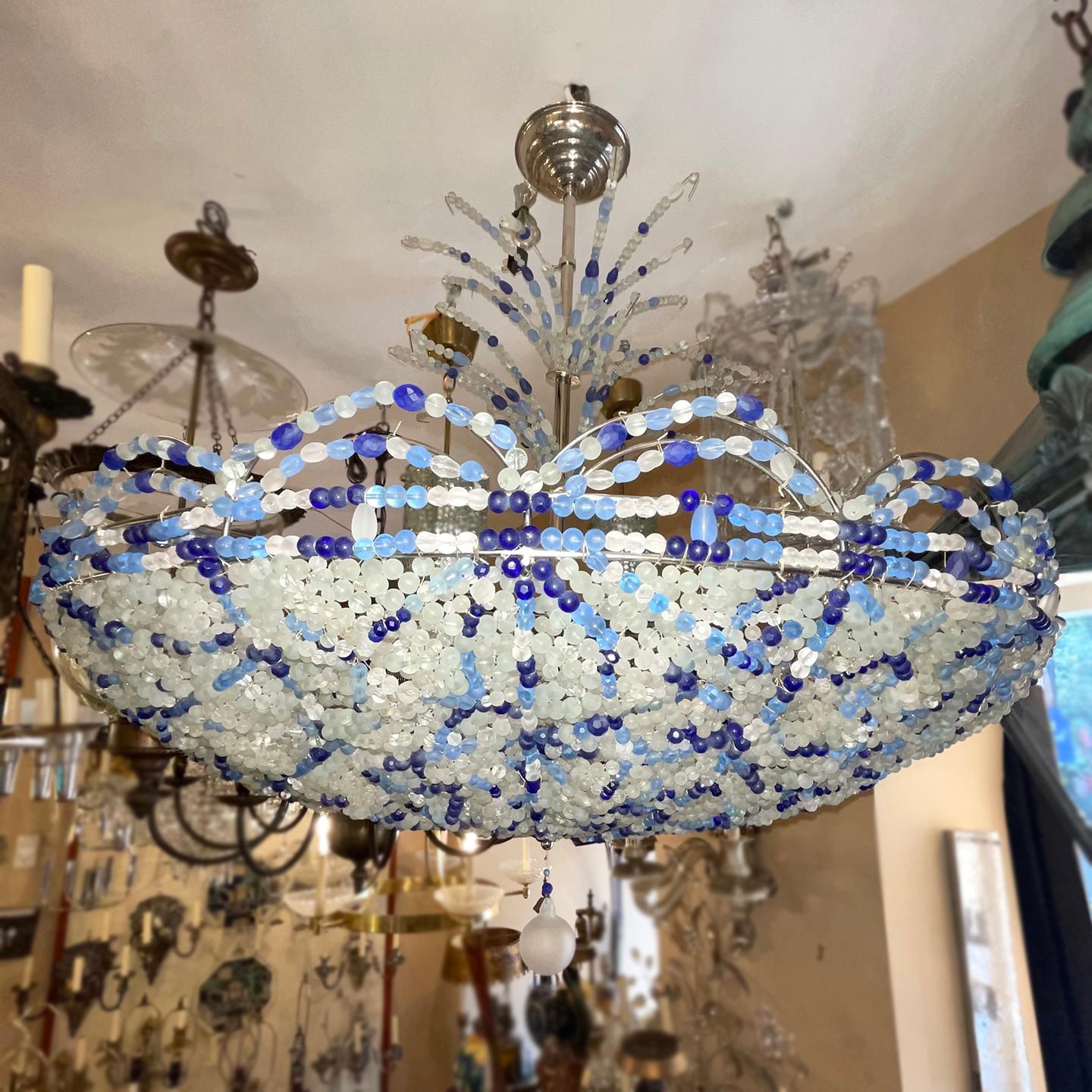 Pair of Mid Century Blue Beaded Chandeliers, Sold Individually For Sale 3