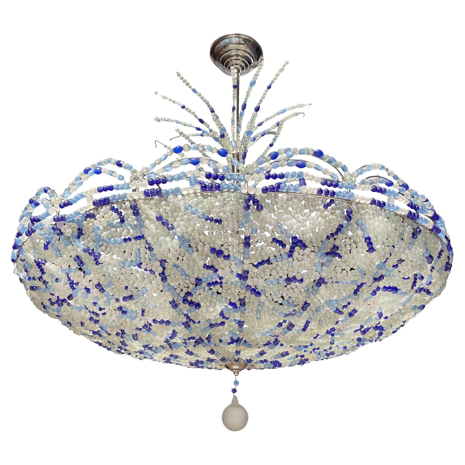 Pair of Mid Century Blue Beaded Chandeliers, Sold Individually